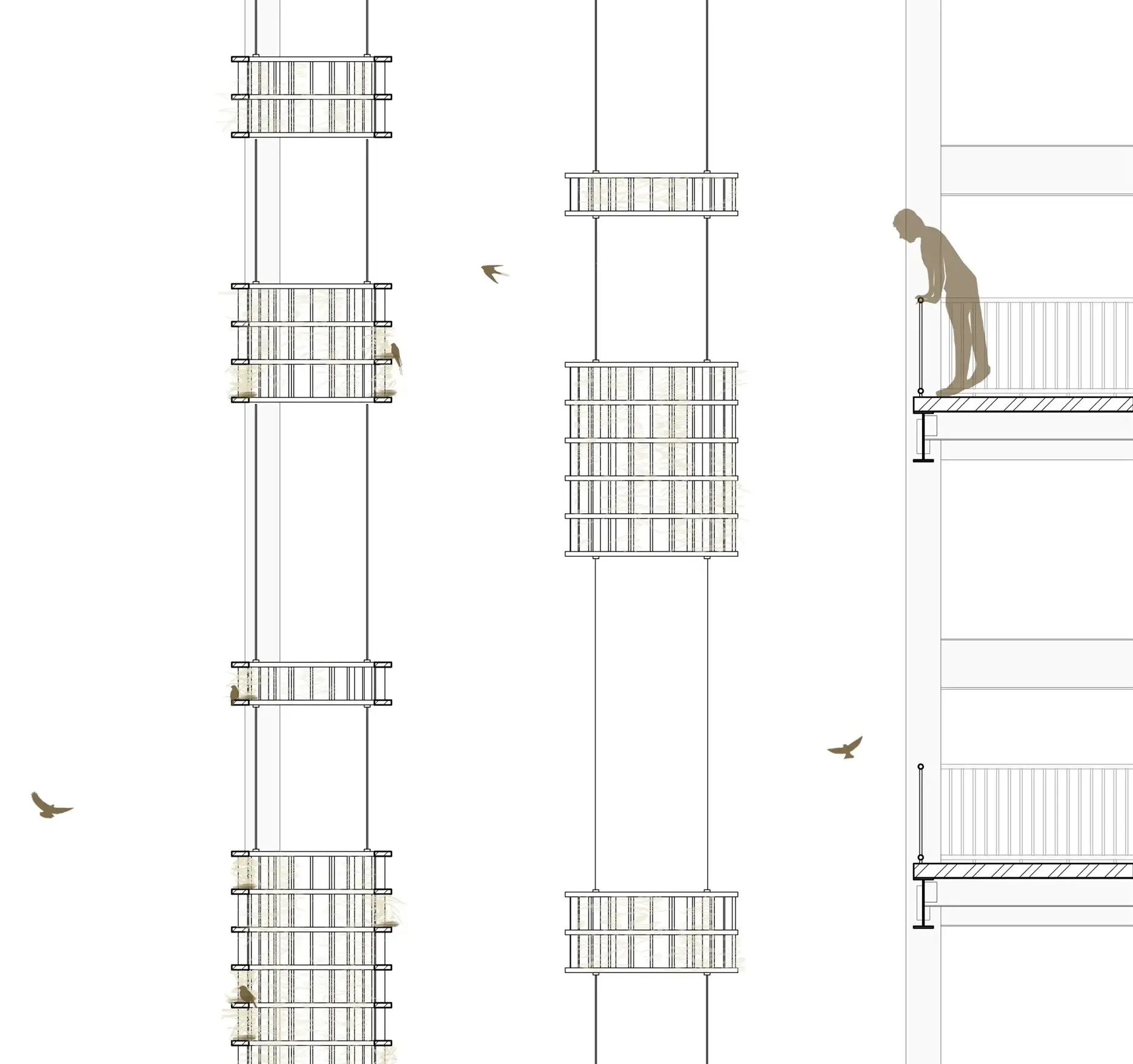 drawing of custom built bird nest structures